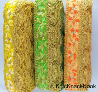 Green / Yellow / Orange And Gold Embroidered Fabric Trim With Floral Embroidery, Scallop Trim, Approx. 65mm Wide - 210119L174 / 75 / 76